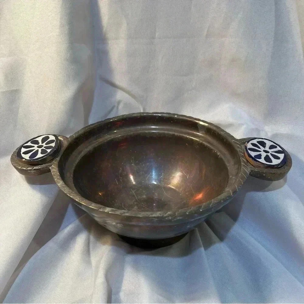 Vintage Mexican Pewter Bowl w/ Talavera Ceramic Handles